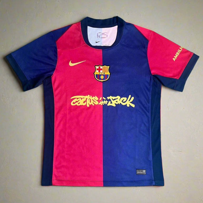 FC Barcelona half red blue Travis Scott Cactus Jack shirt.