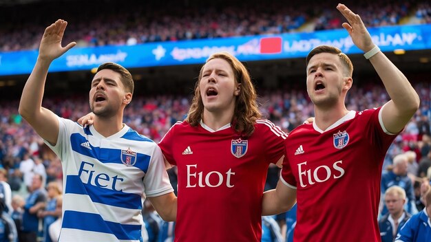 Three football fans in team jerseys sing and cheer with arms raised in a packed stadium.
