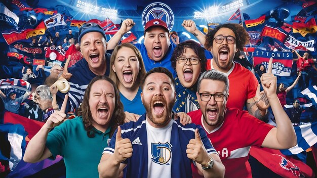 Excited group of fans in red and blue celebrate loudly with flags and raised fists at a sports event.
